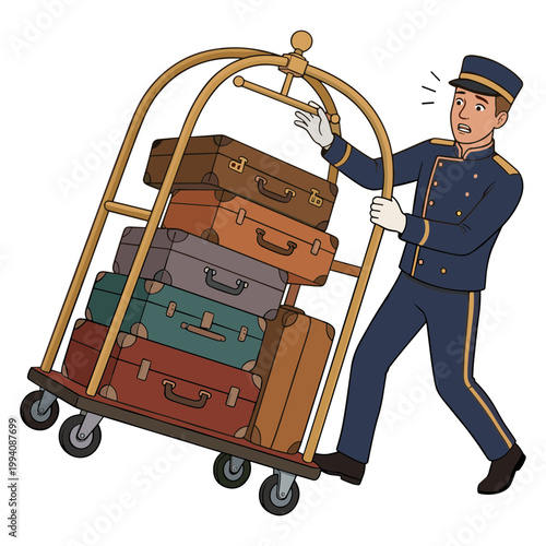 A hotel porter struggles to push heavily loaded luggage cart through hotel lobby with suitcases and bags.