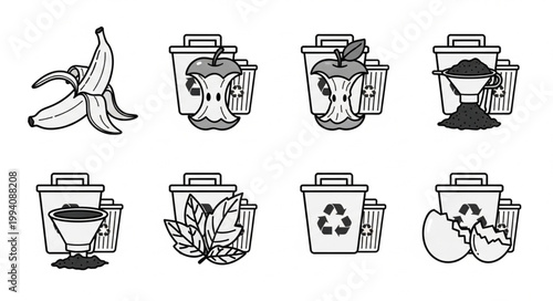 Composting process illustration with banana peel apple core and eggshells.