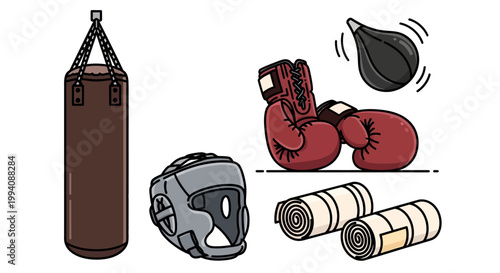 Boxing equipment illustration with punching bag gloves and headgear