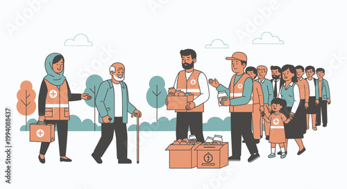 Community support volunteers providing assistance to diverse people in need