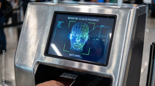 Digital passport scanner displaying biometric face recognition interface in a modern airport setting, with sleek metallic frame and vibrant screen graphics