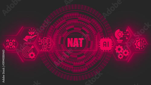 Cuadro en lienzo Nat network address translation text centered inside a glowing magenta circular