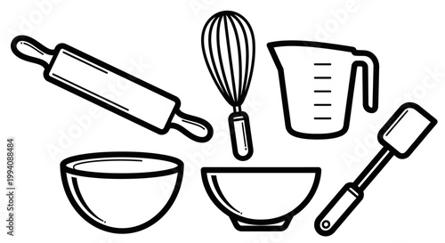 Cooking utensils illustration in line art style for culinary and food preparation