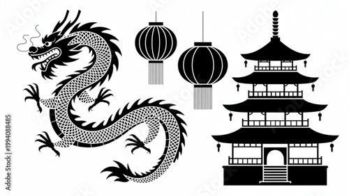 Traditional east asian symbols featuring a dragon, pagoda, and lanterns in black and white line art Vector