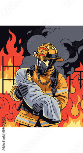 Firefighter rescuing child from burning building illustration
