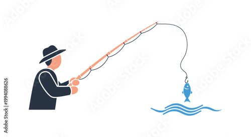 Fisherman silhouetted casting fishing rod catching fish on white background