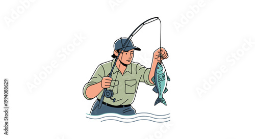 Fisherman with caught fish fishing outdoors against a white background vector