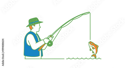 Fisherman fishing with rod catching orange fish vector illustration