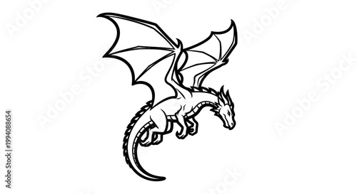 Flying dragon illustration on white background for fantasy and mythological themes