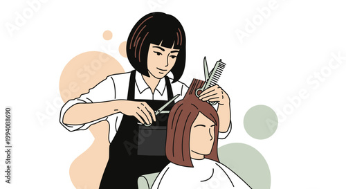 Hairdresser cutting hair with scissors stylized illustration isolated white background