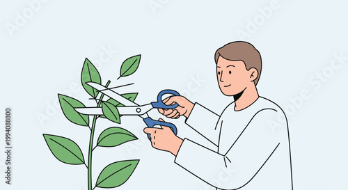 Man trimming plant with scissors graphic illustration on a light background