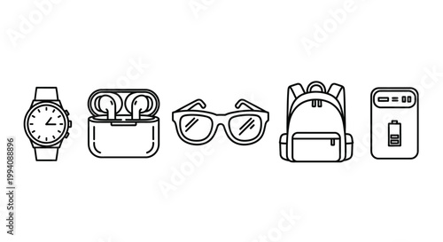 Outlined modern accessories collection watch earbuds sunglasses backpack battery