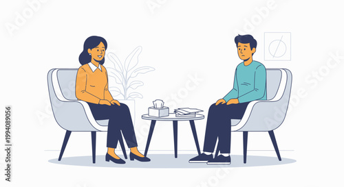 Therapist and patient conversation illustration with clean design and colors