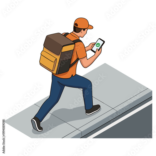 Delivery man walking on sidewalk checking phone with backpack on