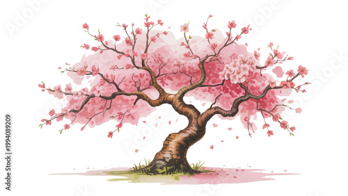 A blooming cherry blossom tree with delicate pink flowers in full springtime display Vector