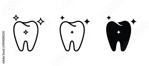 Tooth vector icon. Teeth with sparkle icon set for dental care, hygiene, whitening, and clean smile medical concepts.