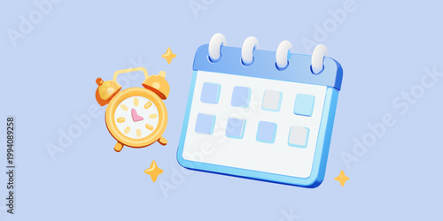 A stylized calendar and alarm clock illustration on a light blue background