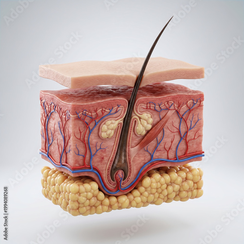 Cross section skin epidermis dermis hypodermis hair follicle sebaceous gland blood vessel nerve adipose tissue anatomy medical biology human structure detailed realistic healthy science education