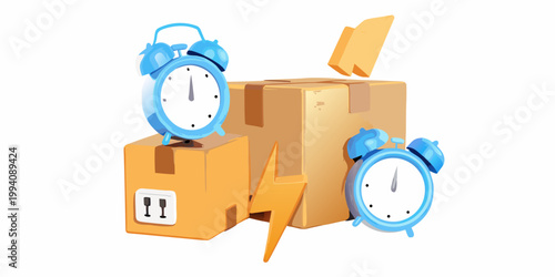 Delivery time concept with alarm clocks boxes and a lightning bolt