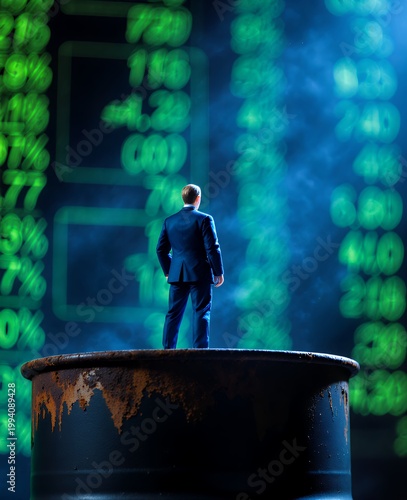 Businessman Standing on Barrel with Financial Data in Background