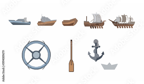 Minimal flat vessel icons set with boat anchor rudder oar trireme and paper boat editable maritime vector collection
