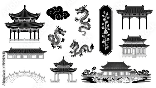 Collection of traditional chinese architectural elements and cultural symbols illustrated in black and white Vector