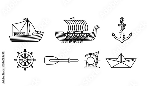 Schilderij op canvas Modern line vessel icons set with boat trireme anchor rudder oar and paper boat