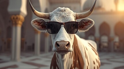Eid al-Adha celebration with cow wearing sunglasses in mosque