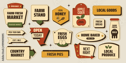 Retro farm fresh market sticker set with signage,arrows,local honey,apple cider,fresh eggs,milk,bread,pies and more. Vector illustration in vintage colors mid century 50s style,roadside market design