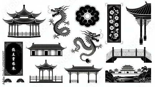Collection of traditional chinese decorative elements and architectural motifs Vector