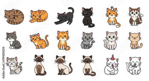 Cartoon cat illustrations various breeds and poses