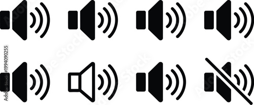 Volume control icons set, sound on and muted states vector symbols for audio settings and media interface design.