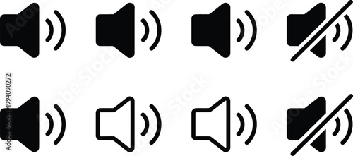 Volume control icons set, speaker sound on and mute symbols representing audio adjustment and media control UI elements.