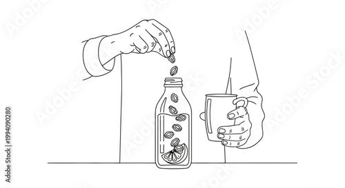 Adding Coffee Beans into a Bottle with a Glass for Preparation.