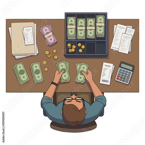 Man counting money on a desk with a calculator and papers