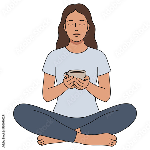 A woman sits cross-legged holding a mug in a relaxed lifestyle setting.