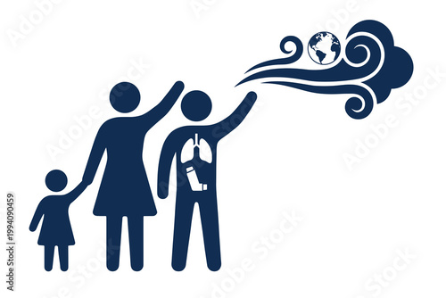 Family silhouette icon for world asthma day vector illustration showing father with lungs and inhaler breathing fresh air from the globe for respiratory health awareness campaign.