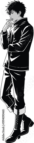Black and white illustration of a man smoking a cigarette  standing in a relaxed pose