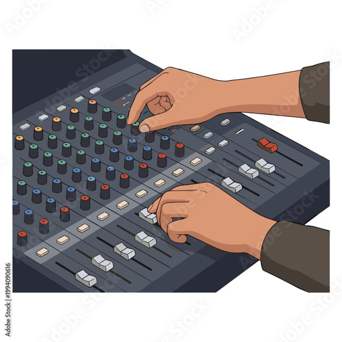 Hands adjusting knobs on a sound mixing board console.