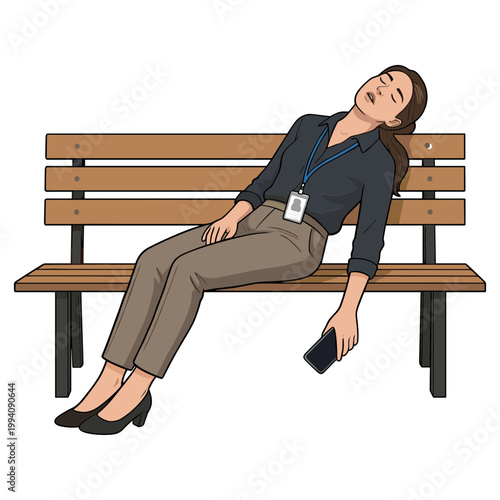 Woman sleeping on a park bench with her phone