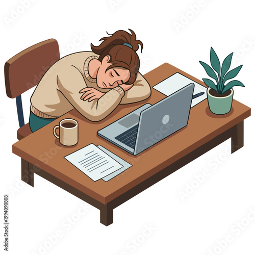 Woman sleeping on desk with laptop and documents at office