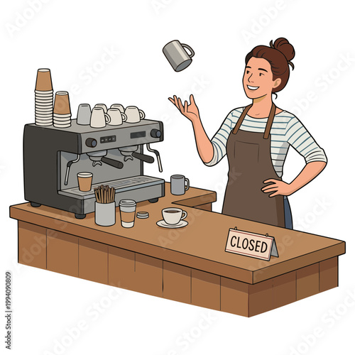 A woman tosses a cup in a closed coffee shop with a machine.