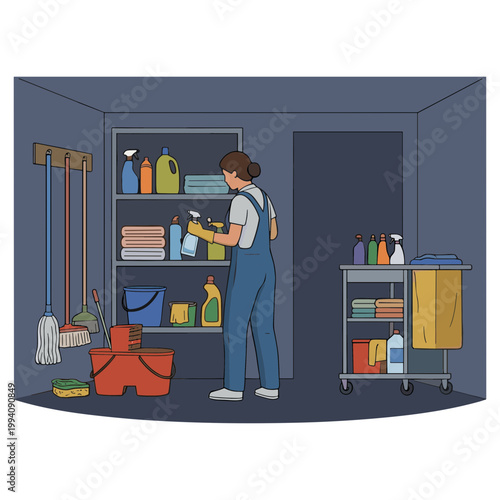 Woman cleaning supplies in a storage room with shelves and cart