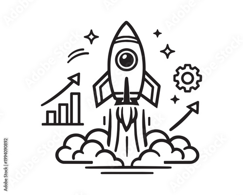 Rocket Launch Icon with Growth Chart and Gear - Business Startup Vector Art
