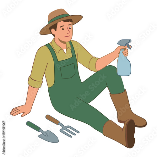 Man wearing overalls and hat sitting with gardening tools spraying liquid