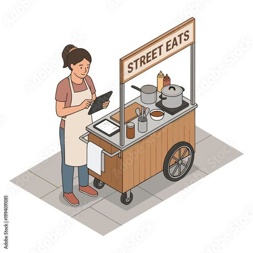 Woman operates street food cart on sidewalk with menu board and cooking pots