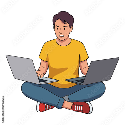 A man sits cross-legged with two laptops on his lap looking concerned