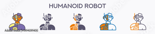 Humanoid Robot Element For Design Graphic - Multi Styles. Vector Illustration Of Two Colored And Black. Multiple Icons Designs Can Be Used For Mobile, Ui, Web 
