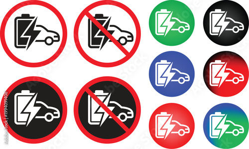 Set of EV station icons for parking zone permission and restriction.Electric car battery charging and prohibition symbols in red circles.EV charging allowed and no electric vehicle charging sign set.