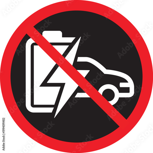 Set of EV station icons for parking zone permission and restriction.Electric car battery charging and prohibition symbols in red circles.EV charging allowed and no electric vehicle charging sign set.